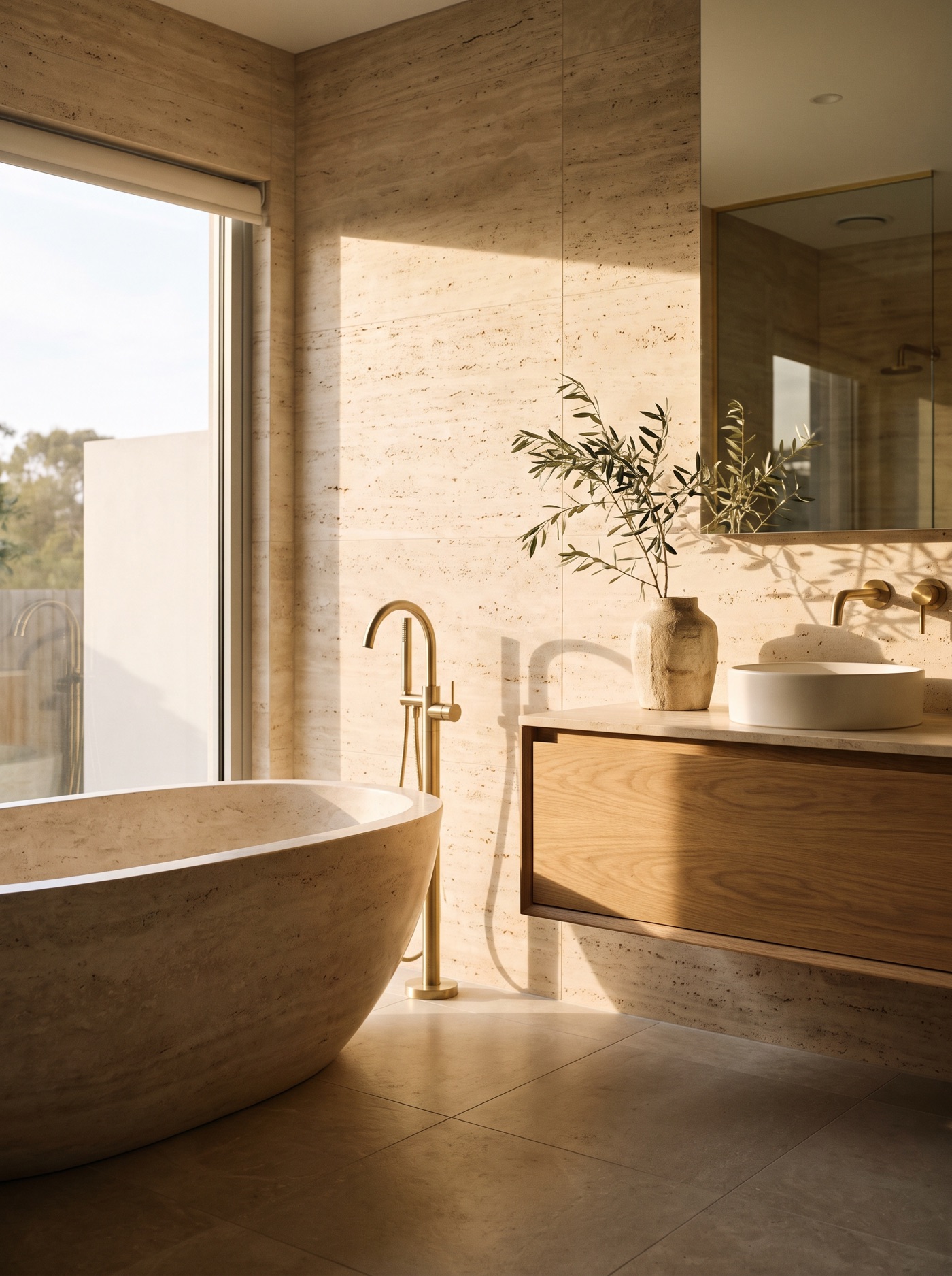 Warm minimalist bathroom — travertine walls, stone bath, brass tapware