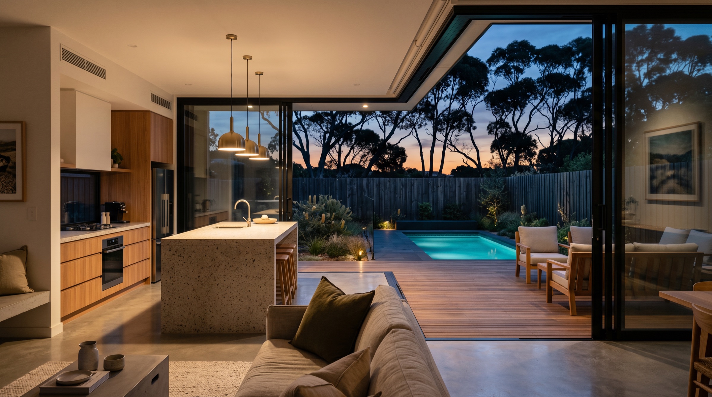 Australian coastal home at dusk — open timber deck, pool and warm interior