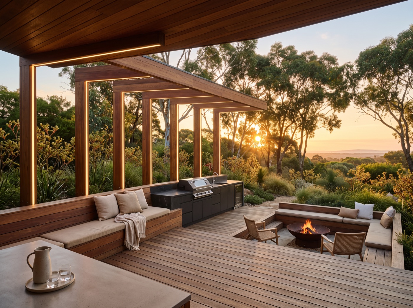 Timber pergola and deck at golden hour with outdoor kitchen and fire pit